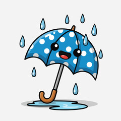 Cute cartoon blue umbrella with white polka dots in the rain.