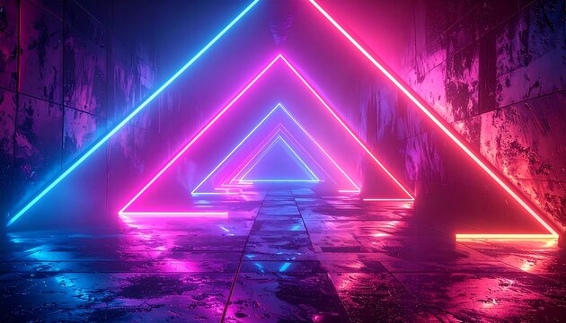 Illuminated triangles with a neon glow create an optical illusion tunnel. Reflections in wet ground. Dark, industrial