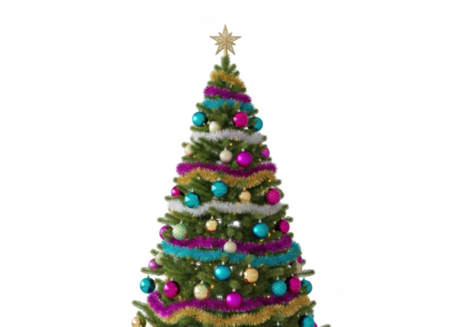 A beautifully decorated christmas tree with colorful ornaments and tinsel, isolated on transparent background