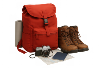 Travel backpack and hiking boots ready for adventure, standing with camera, map, and passport on transparent background