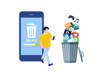 People cleaning mobile phone from trash files. Man deleting documents with cleansing software flat stock illustration.