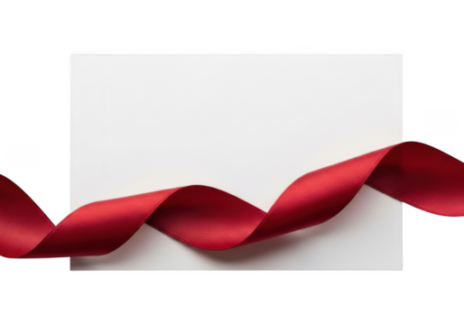 A flowing red ribbon is draped across a blank white card, isolated on transparent background