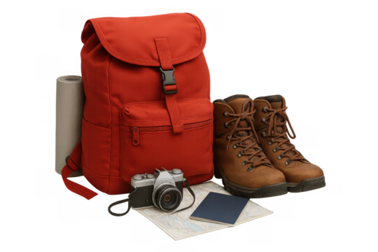 Travel backpack and hiking boots ready for adventure, standing with camera, map, and passport on transparent background