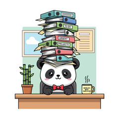 Cute Panda Overwhelmed by Stack of Office Folders.