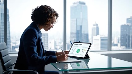 A businesswoman analyzes financial data on a tablet in a modern office, overlooking city buildings - Powered by Adobe