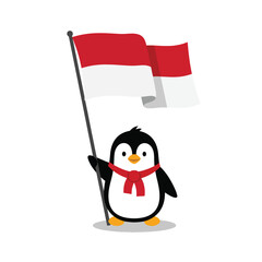 Cute Penguin Holding Indonesian Flag with Red Scarf.