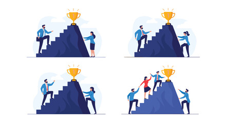 Fototapeta premium Diverse business teams collaborate to climb a mountain and reach a trophy symbolizing success.