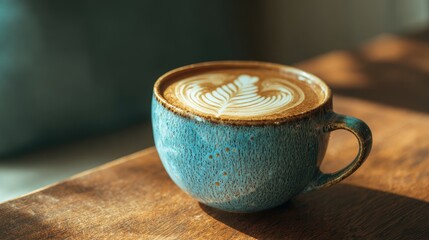 Handcrafted ceramic coffee cup with latte art on wooden cafe table
