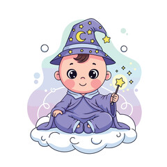 Cute baby wizard sitting on a cloud holding a magic wand.