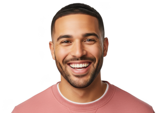 Smiling man wearing pink shirt isolated on transparent background
