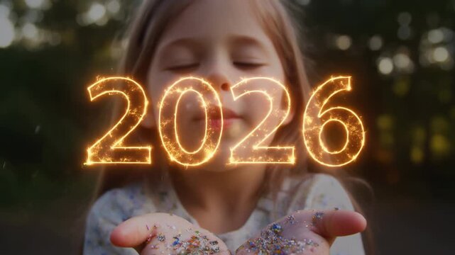 A young girl with closed eyes holds sparkling glitter in her hands, with the glowing number 2026 floating above, symbolizing future hopes.
