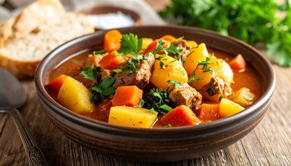 Hearty Beef Stew with Potatoes and Carrots, Rustic Presentation