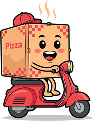 Happy pizza box character riding a red scooter delivering food