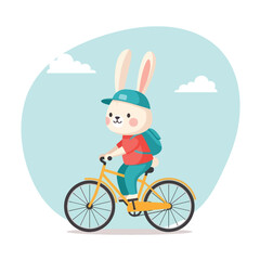 Cute cartoon rabbit riding a bicycle wearing a backpack and cap.