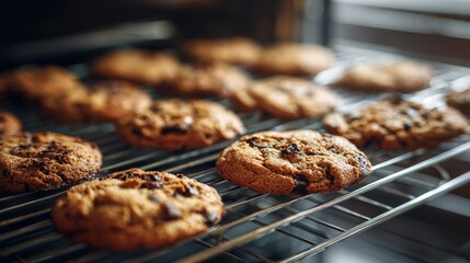 Homemade cookies cooling on wire rack in modern kitchen. Baking concept