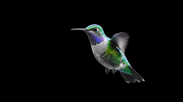Hummingbird Hovering on White Background with humming bird and black backgrounds an alpha matte 3d animation distortion, green screen overlay, glitch, static noise, scan lines background, 4k animated