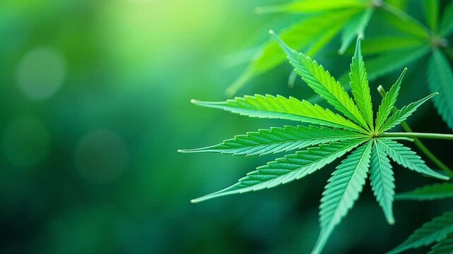 Vibrant green cannabis leaf unfurls in soft natural light, symbolizing growth, wellness, and natural healing for modern applications.