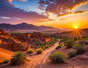 Desert landscape with a village nestled at sunset with dramatic sky
