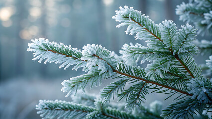 A closeup of a frosty pine branch, its needles covered in delicate ice crystals, creating a serene and wintry scene in a blurred forest background