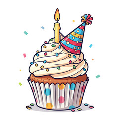 A festive birthday cupcake with a lit candle and party hat.