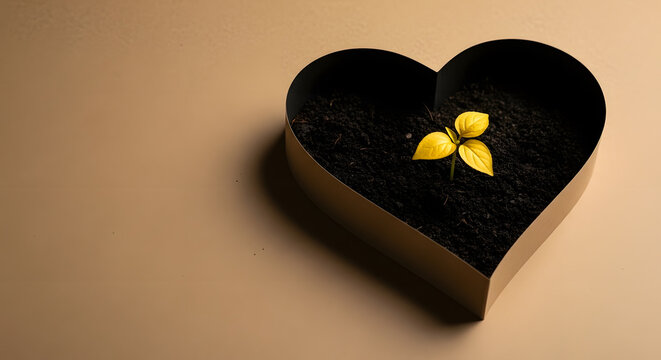 Young green plant growing in rich black soil, seen through a heart-shaped hole in brown kraft paper. Concept of sustainability, eco-friendly living, environmental awareness, love for nature. Earth Day - Powered by Adobe