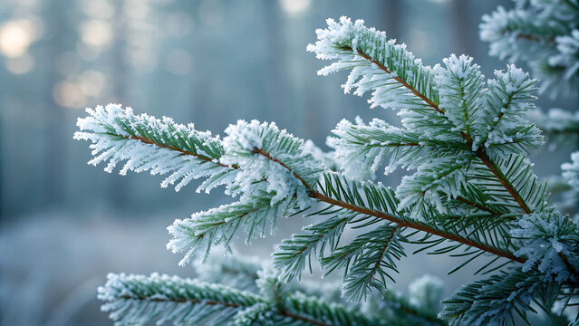 A closeup of a frosty pine branch, its needles covered in delicate ice crystals, creating a serene and wintry scene in a blurred forest background