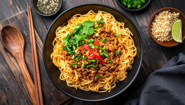 Delicious bowl of Asian noodles with meat, garnishes, and spices - Powered by Adobe