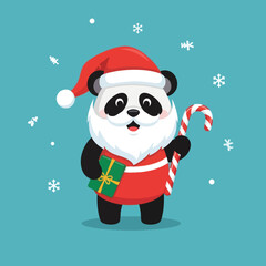 Cute Panda Dressed as Santa Claus Holding Christmas Gifts and Candy Cane.