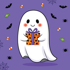 Cute cartoon ghost holding a Halloween gift box.