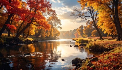 Autumn scene featuring a tranquil river surrounded by vibrant trees