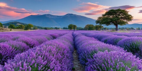 a beautiful lavender field in full bloom at sunset, with rows of purple flowers stretching as far as the eye can see