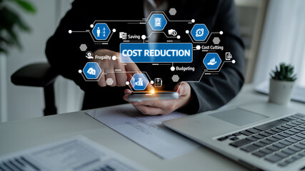 A businessman interacts with a smartphone displaying cost reduction strategies. Infographic...