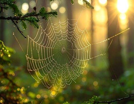 Dew-covered spiderweb illuminated by the morning sun in a forest