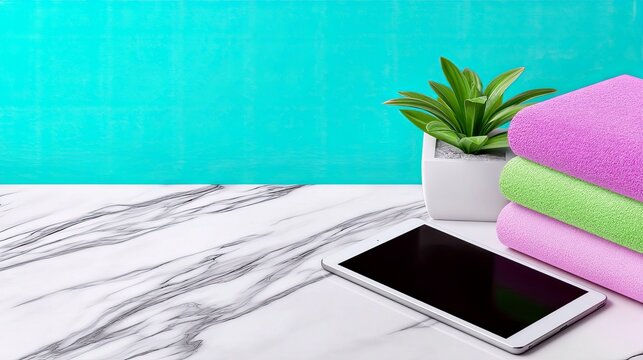 A tablet computer, stacked colorful towels, and a small potted plant sit on a marble tabletop in front of a teal background. - Powered by Adobe