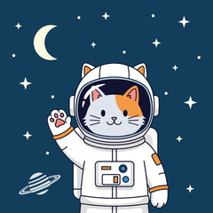 Cute Cat Astronaut Waving Hello in Outer Space.