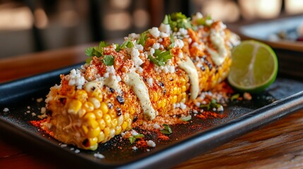 Grilled corn on the cob coated with mayonnaise, cotija cheese, chili powder, and lime, served on a street-style plate.