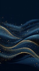Abstract dark blue background with flowing golden lines and sparkling particles, creating a luxurious and elegant visual effect for modern designs