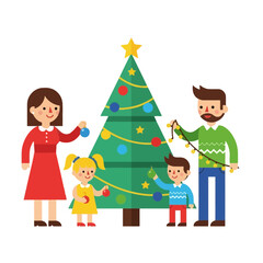 Fototapeta premium Happy family, parents and two children, joyfully decorating a festive Christmas tree with colorful ornaments and sparkling lights, embodying holiday cheer and togetherness