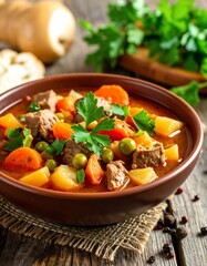 Hearty Beef Stew with Vegetables in Rustic Bowl