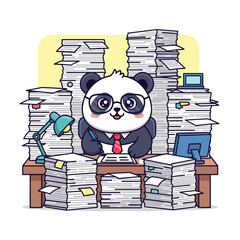 Cute Panda Businessman Working Hard Surrounded by Stacks of Paperwork.