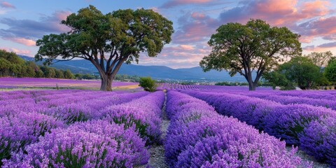 a beautiful lavender field in full bloom at sunset, with rows of purple flowers stretching as far as the eye can see