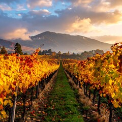Autumn vineyard with rows of vines, mountains in the background, scenic sunset