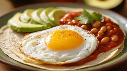 Fried eggs served on corn tortillas with warm tomato-chili sauce, refried beans, and avocado slices on a ceramic plate.