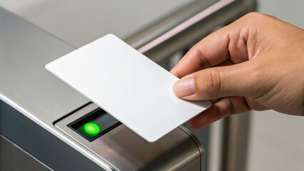 A hand is using a blank card to access a turnstile, indicated by a green light, suggesting entry into a secure area.