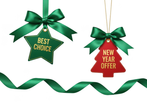 Christmas and new year offer tags with green ribbons and bows, isolated on transparent background