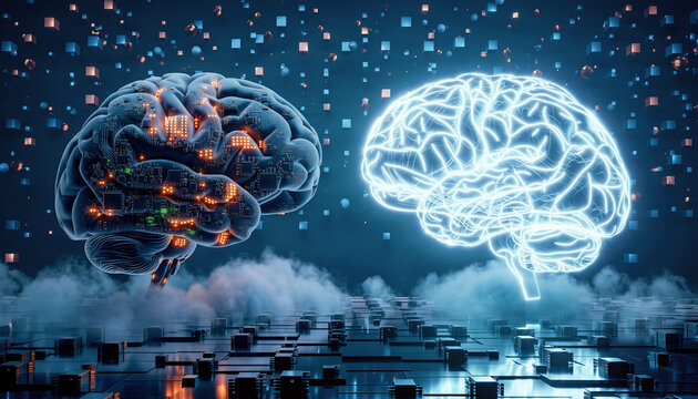 Human Brain vs. Digital Artificial Intelligence Comparison Concept