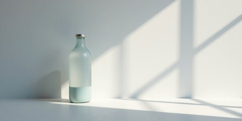 A frosted glass bottle with a light teal base sits on a minimalist surface, bathed in soft sunlight filtering through unseen window panes.