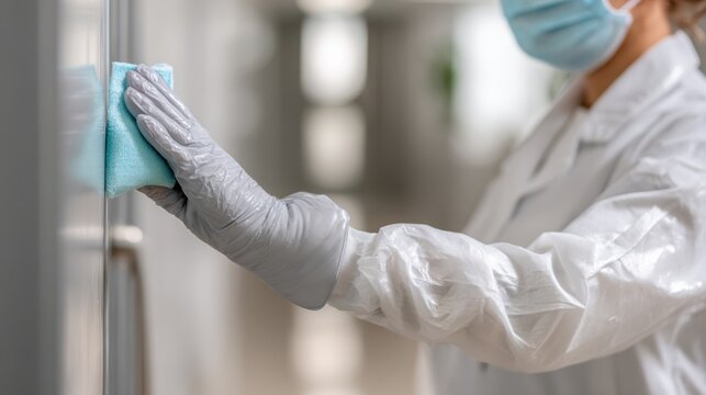 A professional in PPE cleaning a surface, ensuring hygiene and safety in a healthcare setting.
