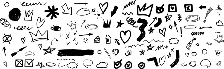 Hand-drawn Chalk scribble doodle arrow, line elements set. 