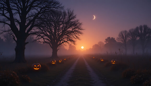 Mysterious foggy halloween night with glowing jack o lanterns lining a path towards a hazy orange sunset and a crescent moon in the twilight sky